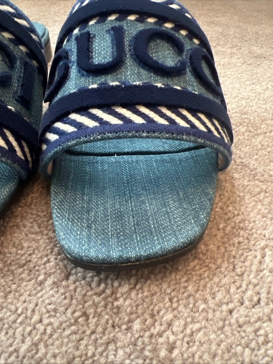 Gucci Denim Logo Slide Sandals in Light Blue and Navy - Picture 6 of 16
